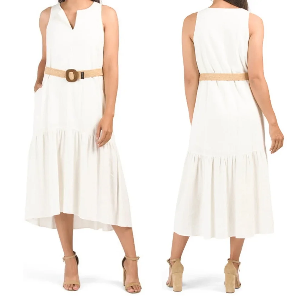 ADYSON PARKER Easy Tier Linen Dress Split Neck Cream Cottage Boho Prep XL 12 14 - Picture 1 of 10